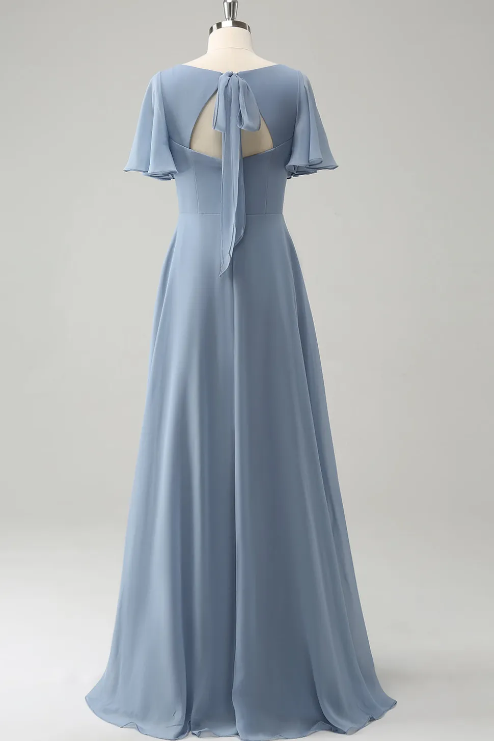 Cinzento Azul V-Neck Puff Chiffon Long Vestido de Dama de Honra com Hollow out Back