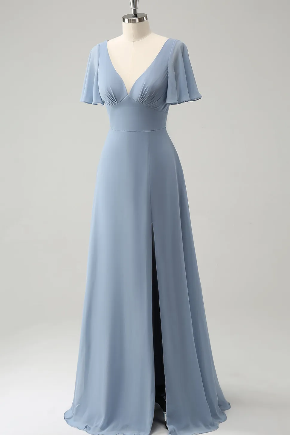 Cinzento Azul V-Neck Puff Chiffon Long Vestido de Dama de Honra com Hollow out Back