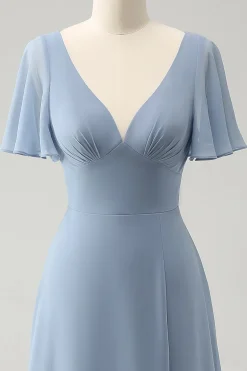 Cinzento Azul V-Neck Puff Chiffon Long Vestido de Dama de Honra com Hollow out Back