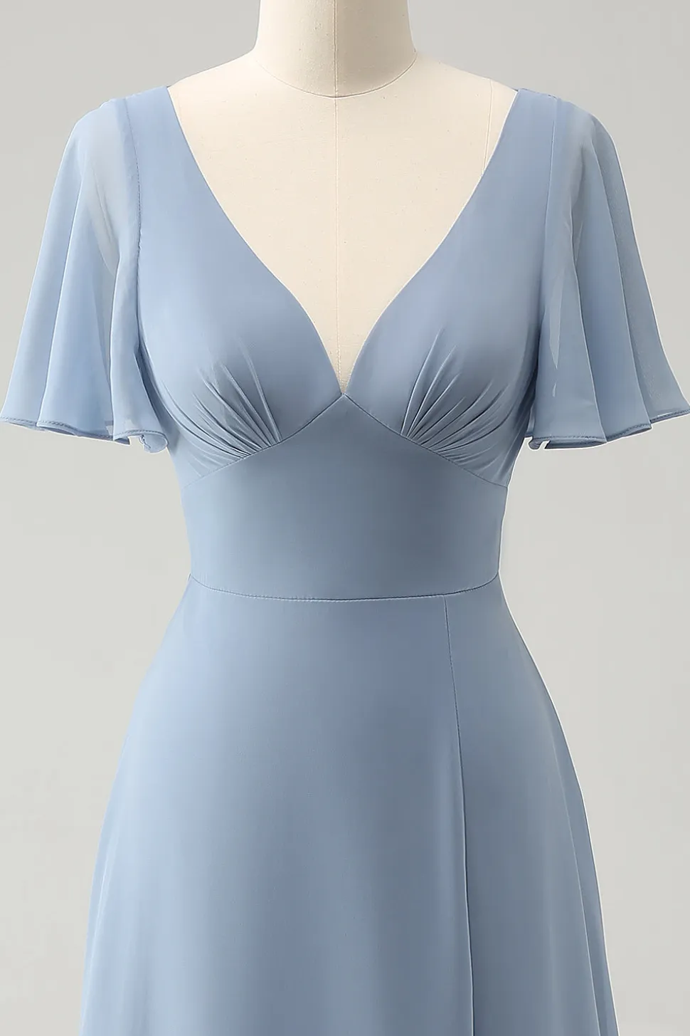 Cinzento Azul V-Neck Puff Chiffon Long Vestido de Dama de Honra com Hollow out Back