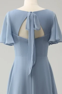 Cinzento Azul V-Neck Puff Chiffon Long Vestido de Dama de Honra com Hollow out Back