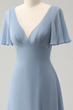 Cinzento Azul V-Neck Puff Chiffon Long Vestido de Dama de Honra com Hollow out Back