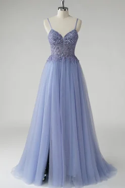 Cinzento Brilhante Azul Uma Linha Tulle Prom Dress com Fenda