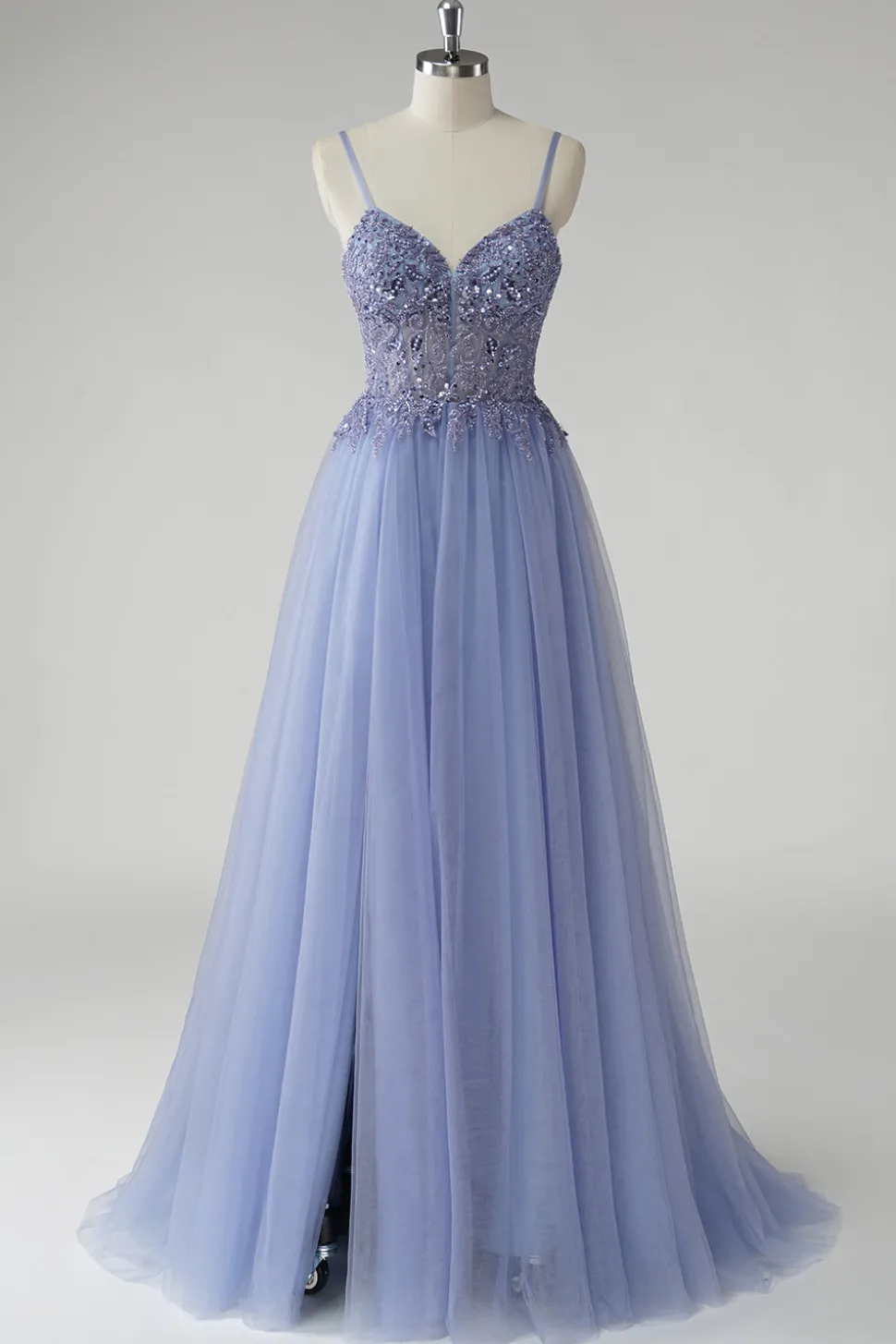 Cinzento Brilhante Azul Uma Linha Tulle Prom Dress com Fenda