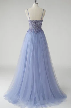 Cinzento Brilhante Azul Uma Linha Tulle Prom Dress com Fenda