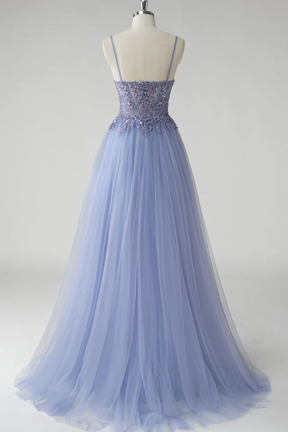 Cinzento Brilhante Azul Uma Linha Tulle Prom Dress com Fenda