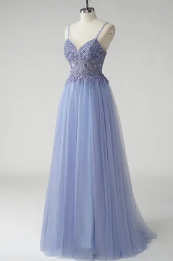 Cinzento Brilhante Azul Uma Linha Tulle Prom Dress com Fenda