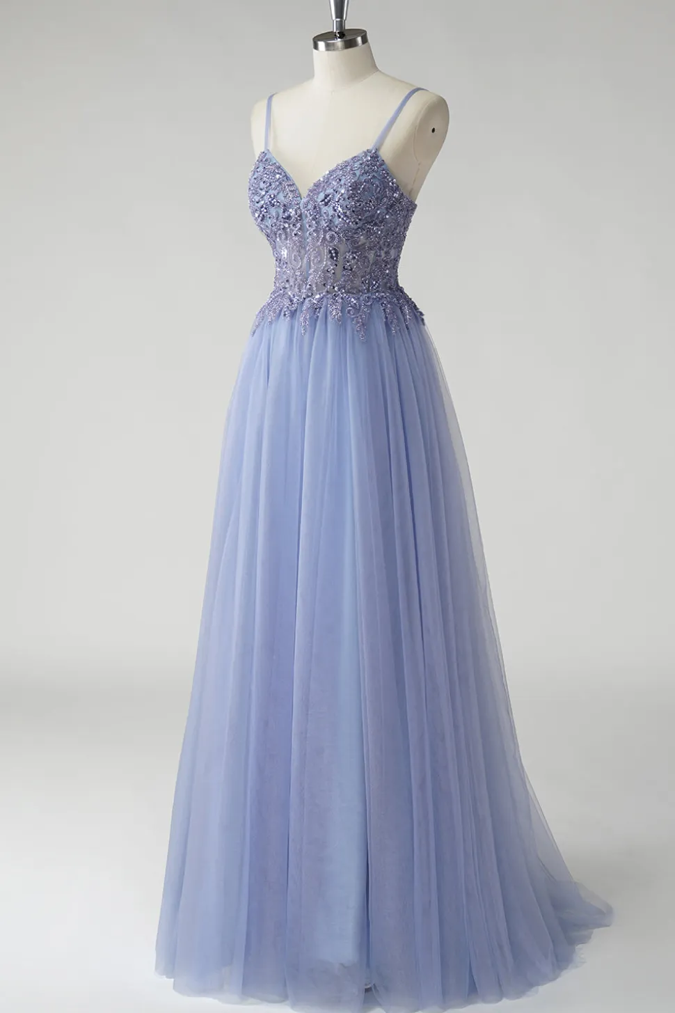 Cinzento Brilhante Azul Uma Linha Tulle Prom Dress com Fenda
