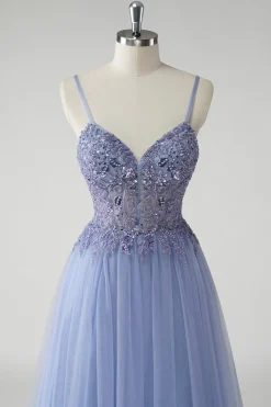 Cinzento Brilhante Azul Uma Linha Tulle Prom Dress com Fenda