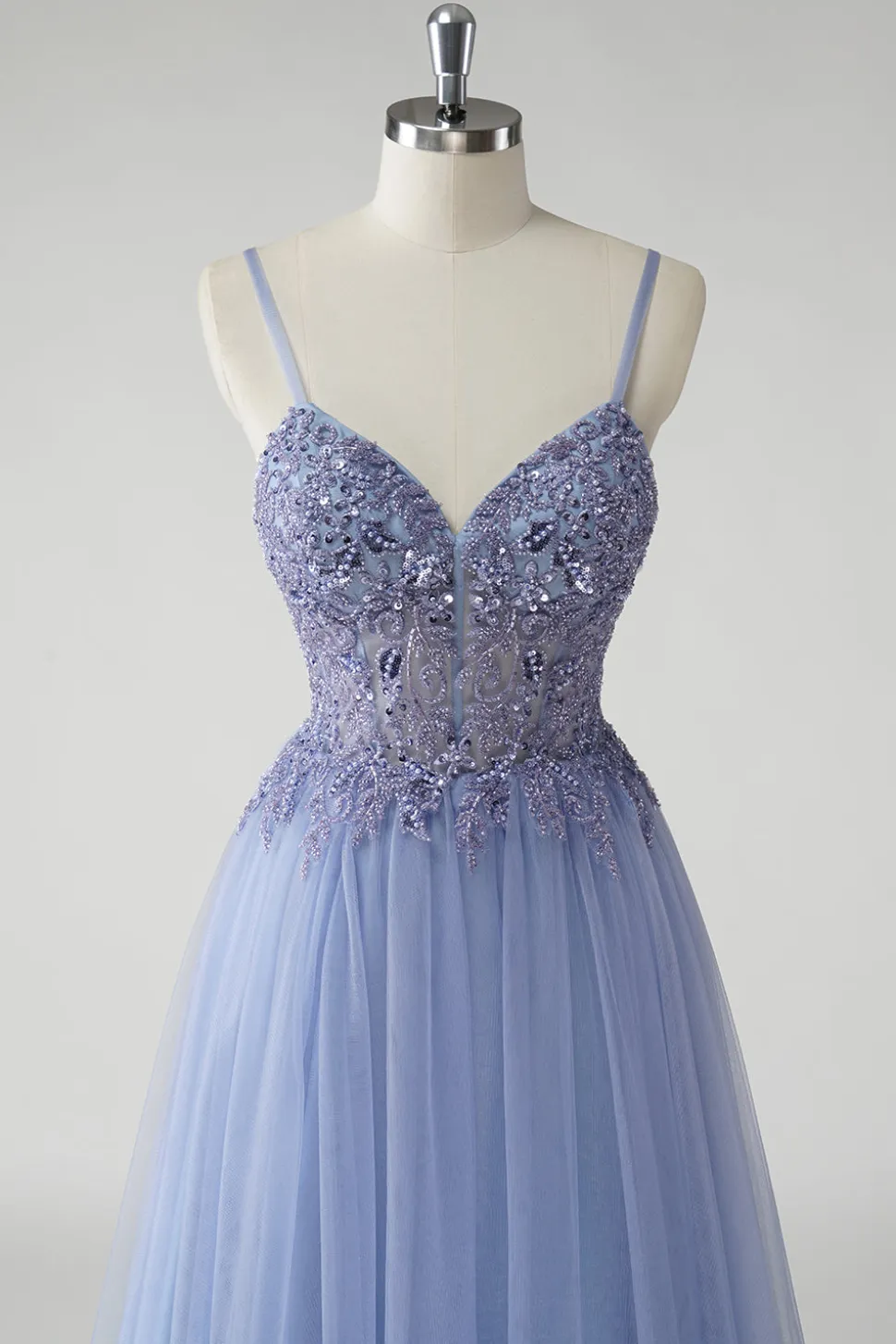 Cinzento Brilhante Azul Uma Linha Tulle Prom Dress com Fenda