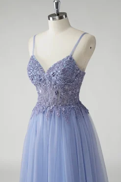 Cinzento Brilhante Azul Uma Linha Tulle Prom Dress com Fenda