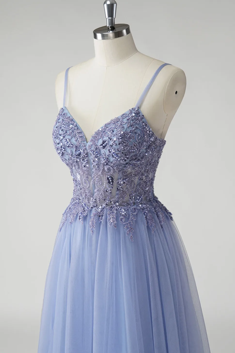 Cinzento Brilhante Azul Uma Linha Tulle Prom Dress com Fenda