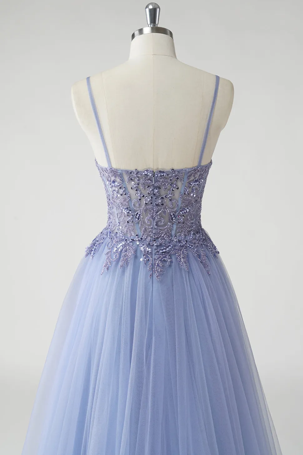 Cinzento Brilhante Azul Uma Linha Tulle Prom Dress com Fenda