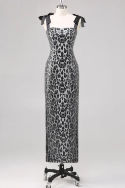 Cinzento Brilhante Leopard Bainha Correias Vestido Formal