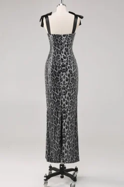 Cinzento Brilhante Leopard Bainha Correias Vestido Formal