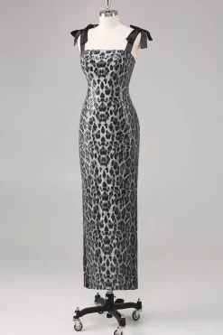 Cinzento Brilhante Leopard Bainha Correias Vestido Formal