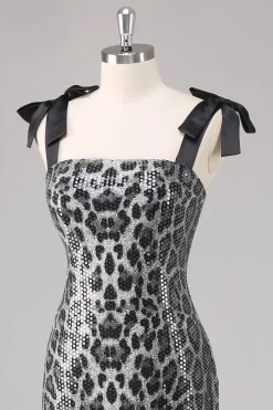 Cinzento Brilhante Leopard Bainha Correias Vestido Formal