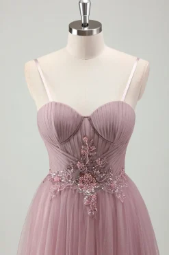 Cinzento Brilhante Roxo Uma Linha Sequins Corset Long Prom Dress