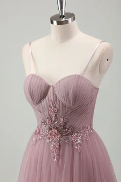 Cinzento Brilhante Roxo Uma Linha Sequins Corset Long Prom Dress