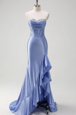 Cinzento Brilhante Sereia Folho Sem Alças Corset Cetim Long Prom Dress com Fenda