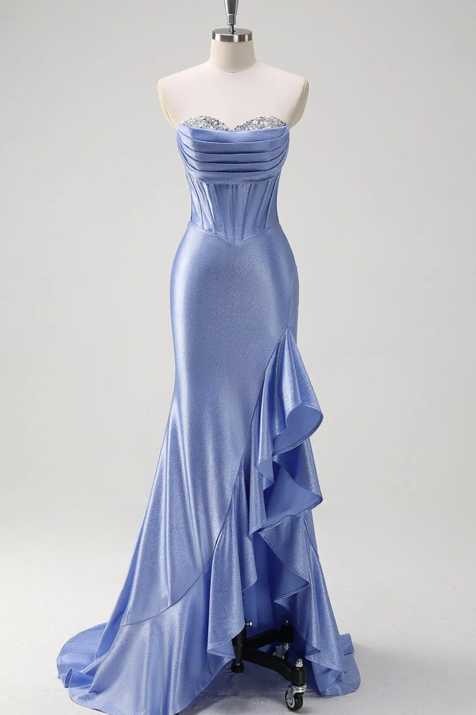 Cinzento Brilhante Sereia Folho Sem Alças Corset Cetim Long Prom Dress com Fenda