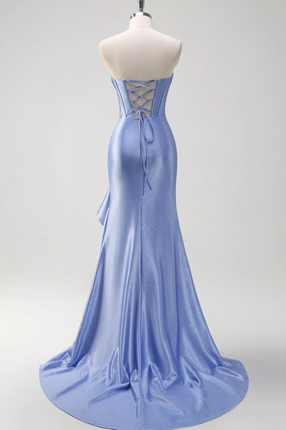 Cinzento Brilhante Sereia Folho Sem Alças Corset Cetim Long Prom Dress com Fenda