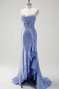 Cinzento Brilhante Sereia Folho Sem Alças Corset Cetim Long Prom Dress com Fenda