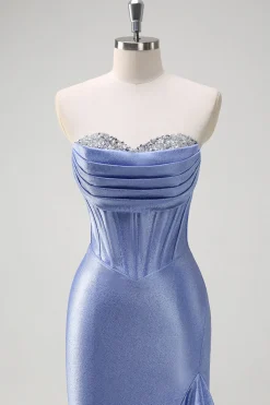 Cinzento Brilhante Sereia Folho Sem Alças Corset Cetim Long Prom Dress com Fenda