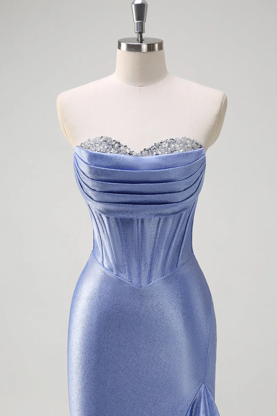 Cinzento Brilhante Sereia Folho Sem Alças Corset Cetim Long Prom Dress com Fenda