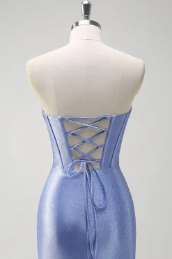 Cinzento Brilhante Sereia Folho Sem Alças Corset Cetim Long Prom Dress com Fenda