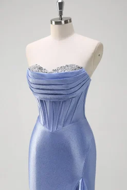 Cinzento Brilhante Sereia Folho Sem Alças Corset Cetim Long Prom Dress com Fenda