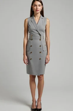 Cinzento Cetim Duplo Peito Midi Work Dress com cinto