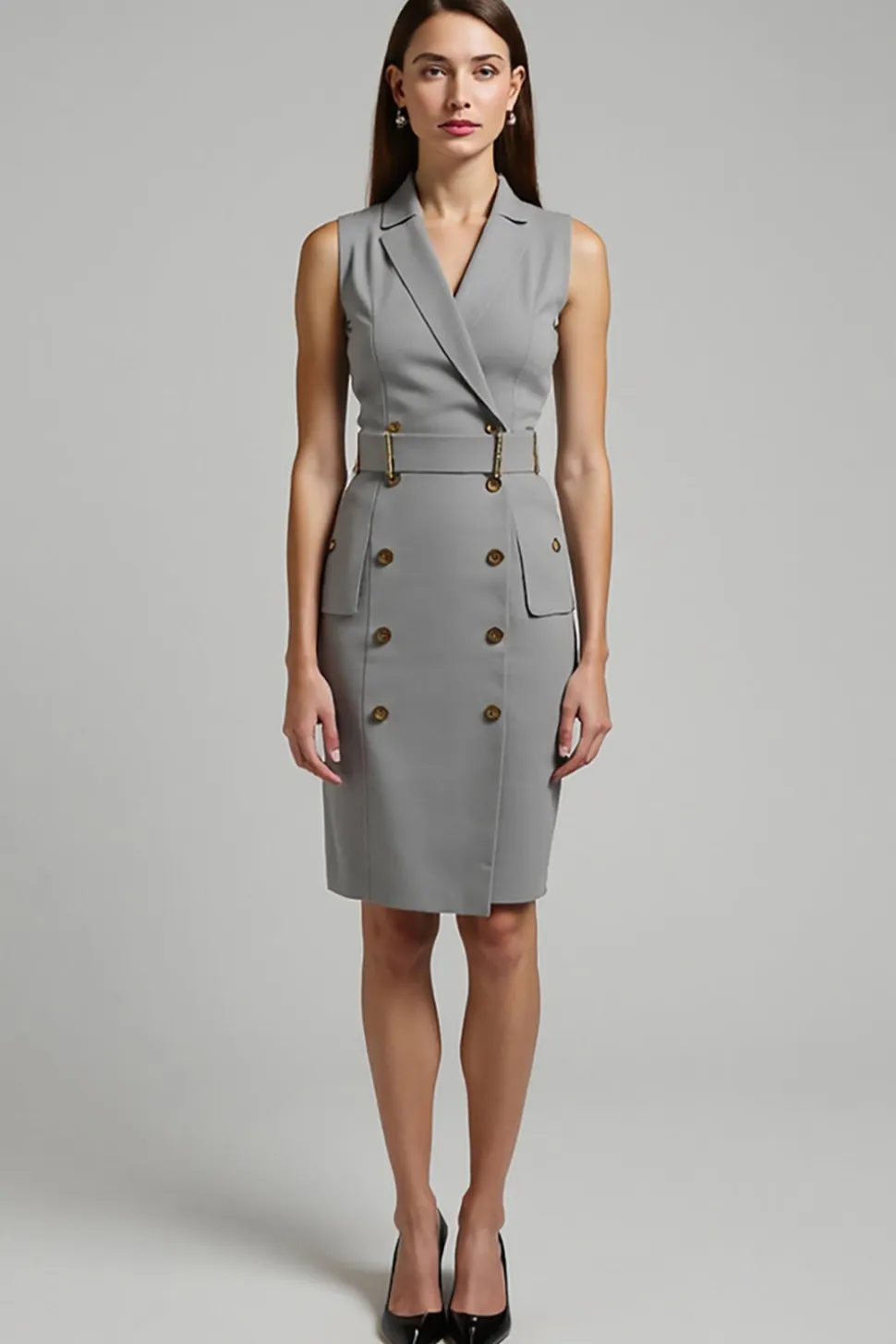 Cinzento Cetim Duplo Peito Midi Work Dress com cinto