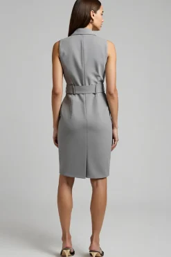 Cinzento Cetim Duplo Peito Midi Work Dress com cinto