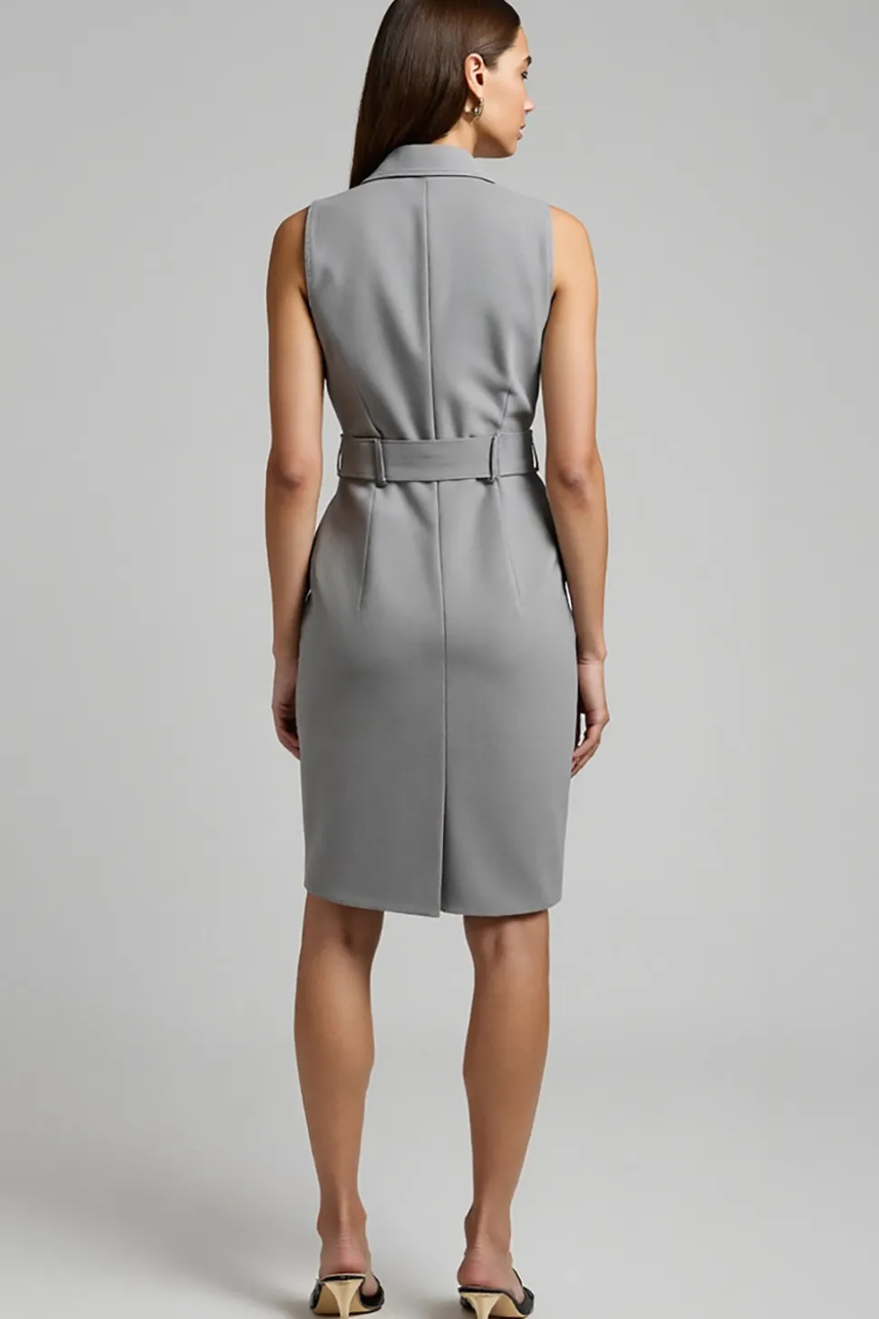 Cinzento Cetim Duplo Peito Midi Work Dress com cinto