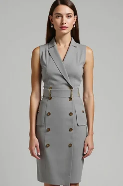 Cinzento Cetim Duplo Peito Midi Work Dress com cinto