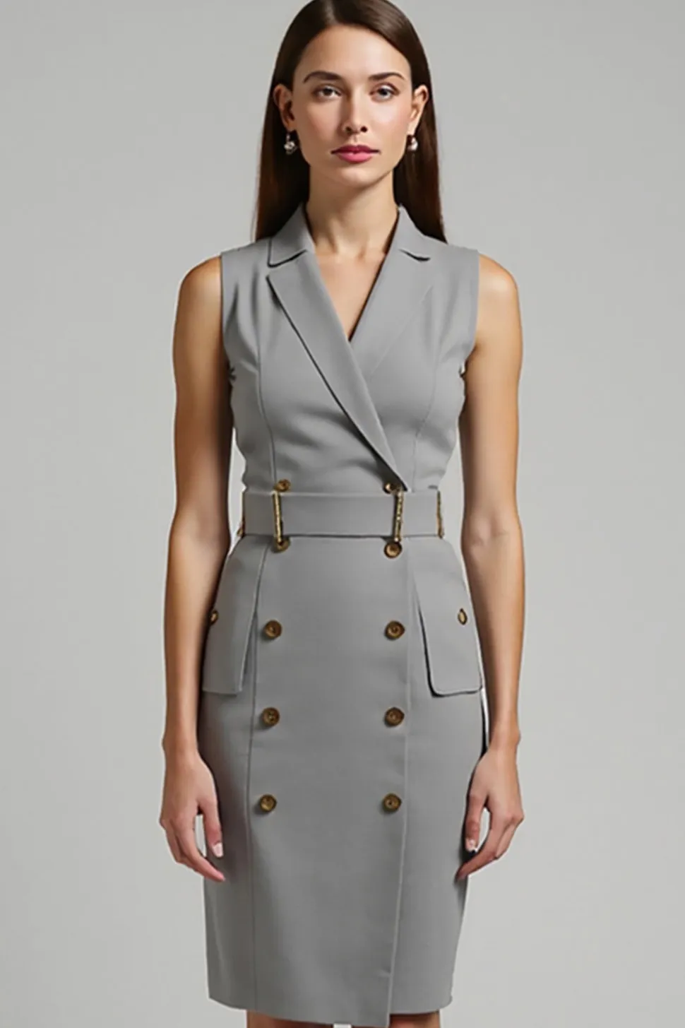 Cinzento Cetim Duplo Peito Midi Work Dress com cinto