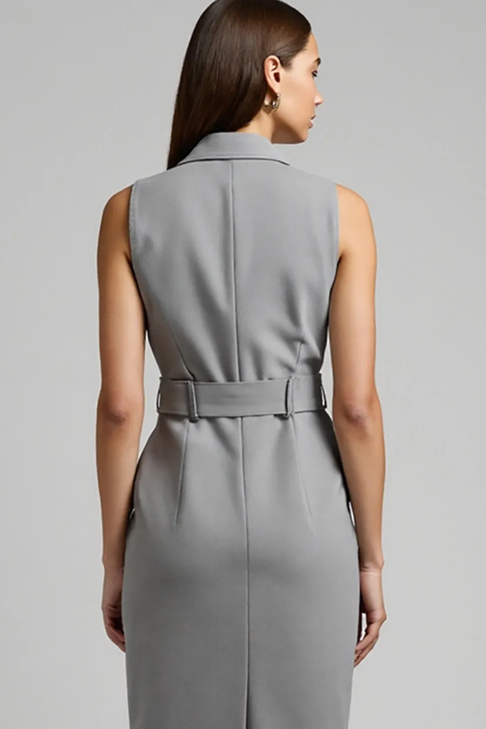 Cinzento Cetim Duplo Peito Midi Work Dress com cinto