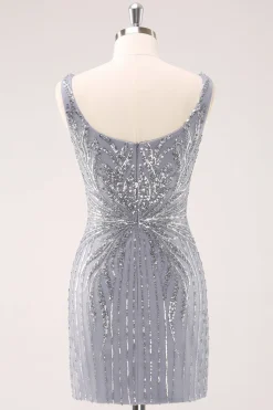 Cinzento cinzento brilhante pescoço quadrado curto apertado Homecoming vestido com lantejoulas