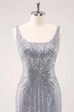 Cinzento cinzento brilhante pescoço quadrado curto apertado Homecoming vestido com lantejoulas