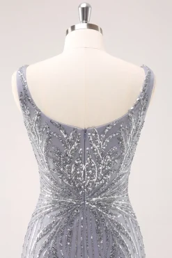 Cinzento cinzento brilhante pescoço quadrado curto apertado Homecoming vestido com lantejoulas
