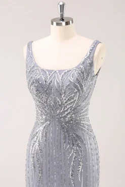Cinzento cinzento brilhante pescoço quadrado curto apertado Homecoming vestido com lantejoulas