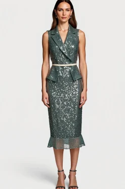 Cinzento Cinzento Brilhante Sequins Bodycon Midi Vestido Semi Formal com Folhos