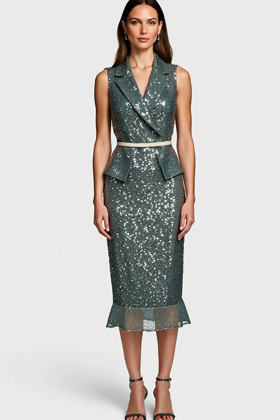 Cinzento Cinzento Brilhante Sequins Bodycon Midi Vestido Semi Formal com Folhos