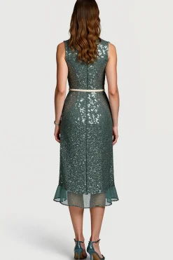Cinzento Cinzento Brilhante Sequins Bodycon Midi Vestido Semi Formal com Folhos