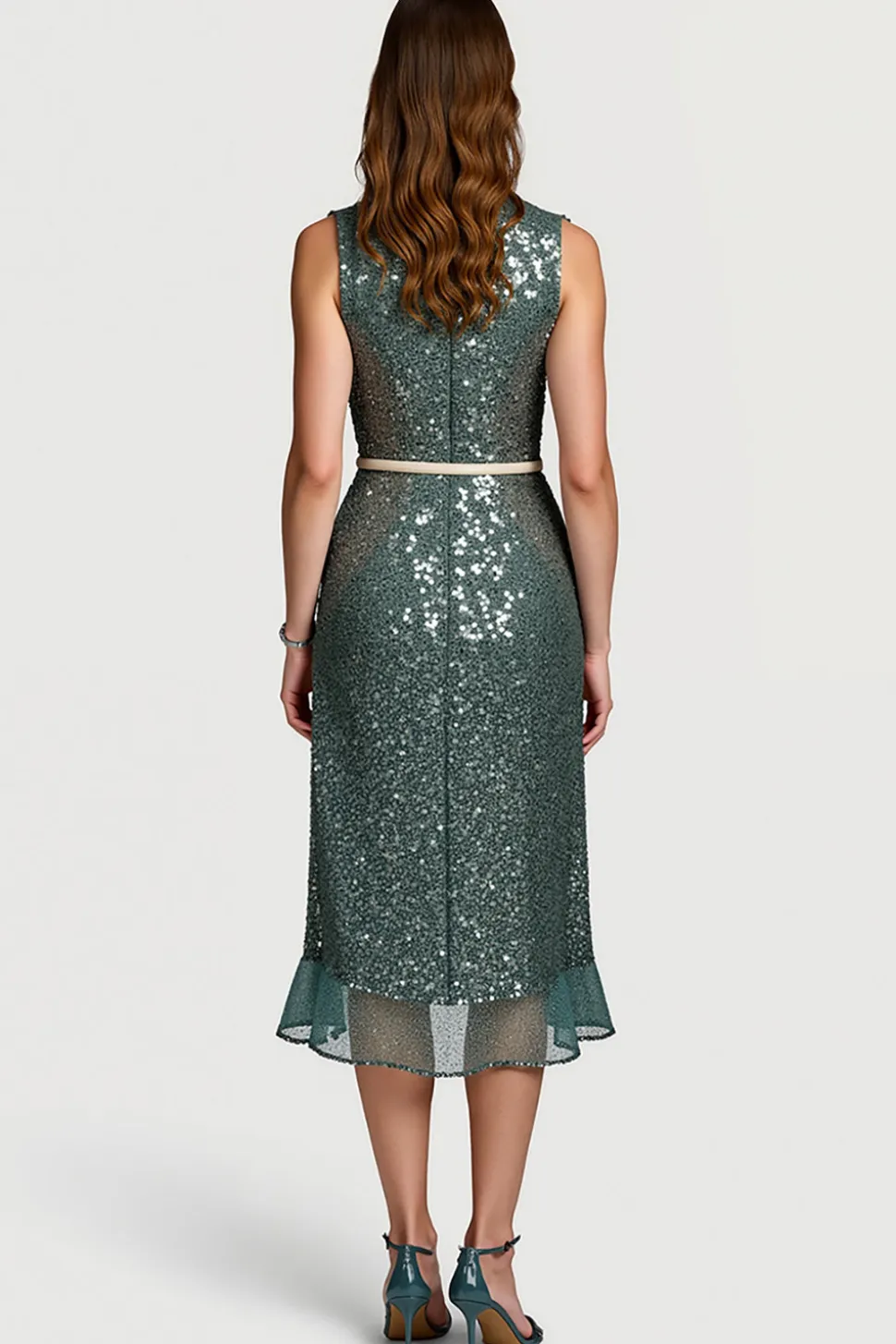 Cinzento Cinzento Brilhante Sequins Bodycon Midi Vestido Semi Formal com Folhos