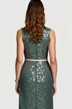Cinzento Cinzento Brilhante Sequins Bodycon Midi Vestido Semi Formal com Folhos