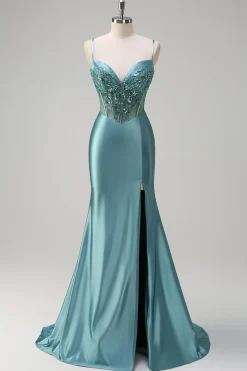 Cinzento Cinzento Verde Sereia Esparguete Correias Espartilho Longo Vestido de Baile com Fenda
