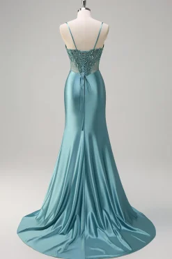 Cinzento Cinzento Verde Sereia Esparguete Correias Espartilho Longo Vestido de Baile com Fenda