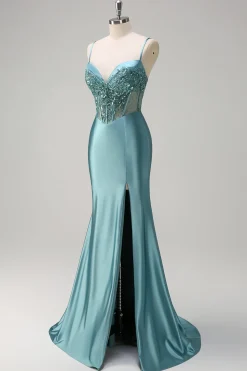 Cinzento Cinzento Verde Sereia Esparguete Correias Espartilho Longo Vestido de Baile com Fenda